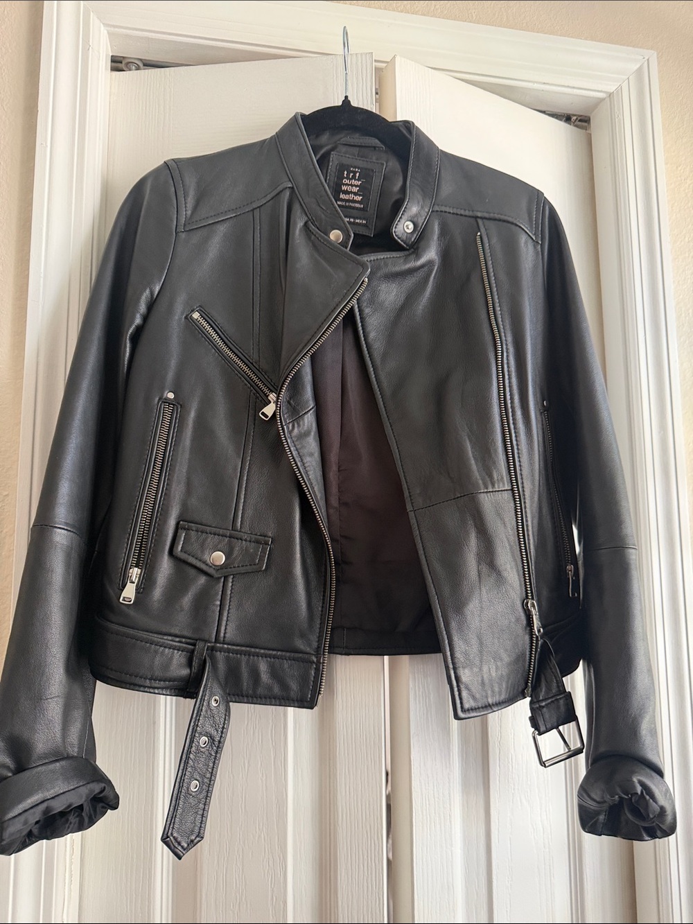 Zara Black Leather Biker Jacket with Belted Hem